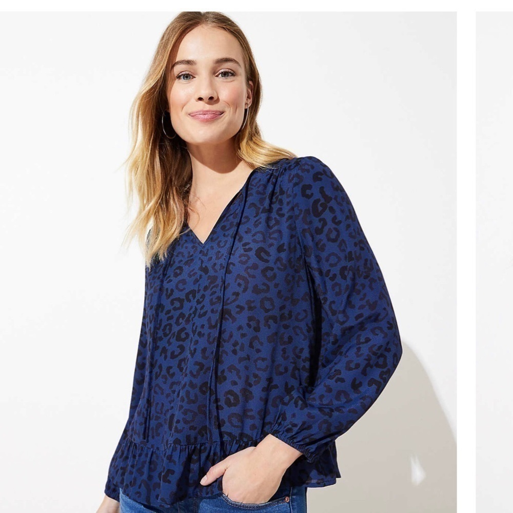 Loft Leopard Print Ruffle Hem Tie Neck… - image 1